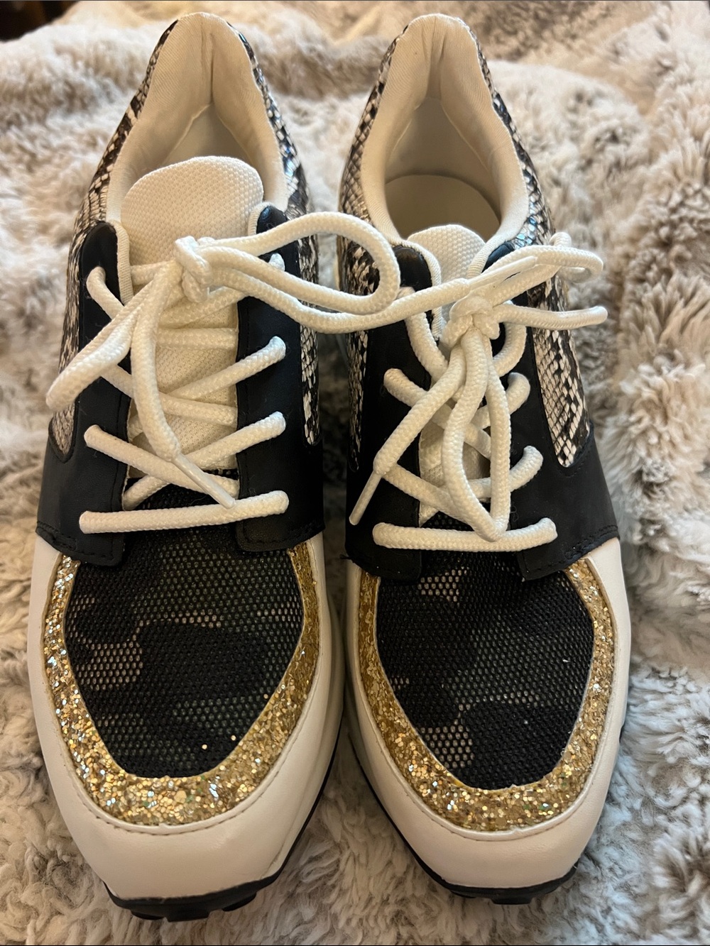 Steve Madden Black White Gold Glitter Low-Top Sneakers with Snake Print